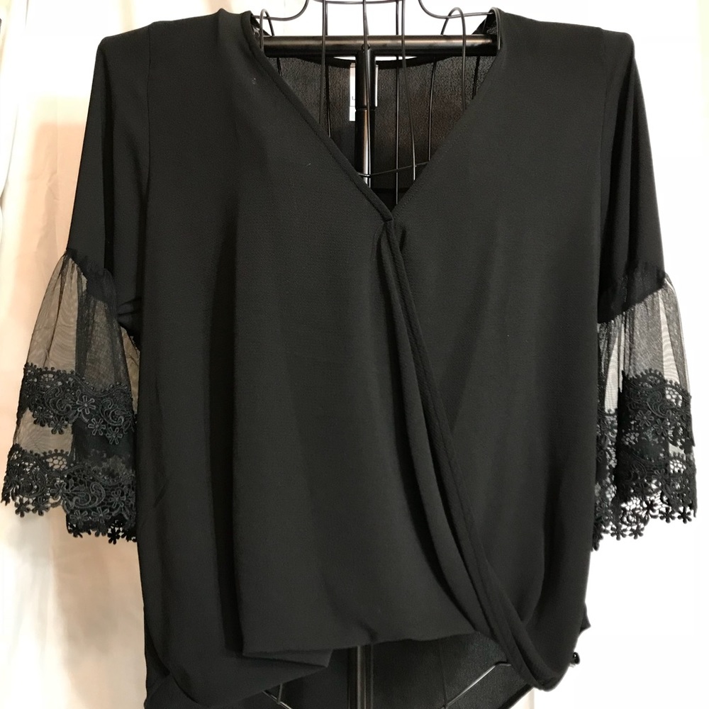 Extended Size Black Crossover Top with Lace Sleeve